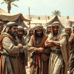 A scene depicting a group of ancient Arab people expressing their anger, set in a historical context