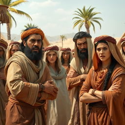 A scene depicting a group of ancient Arab people expressing their anger, set in a historical context