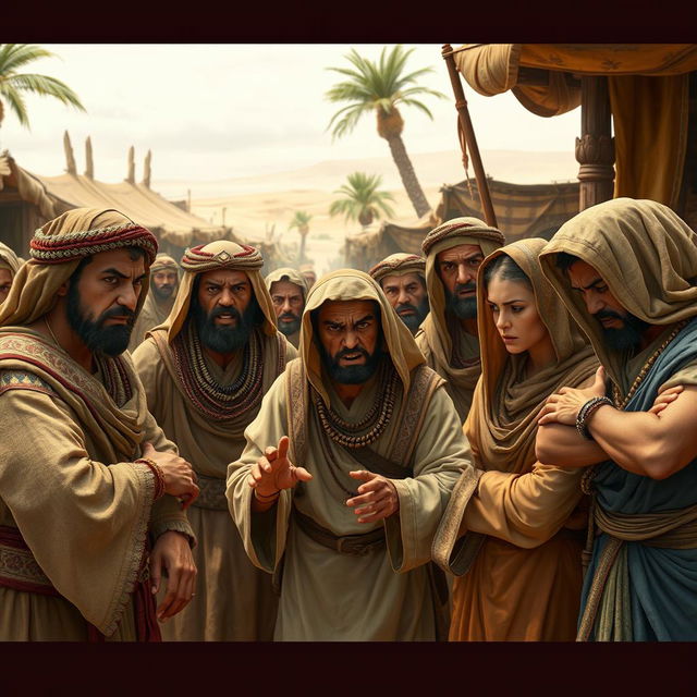 A scene depicting a group of ancient Arab people expressing their anger, set in a historical context