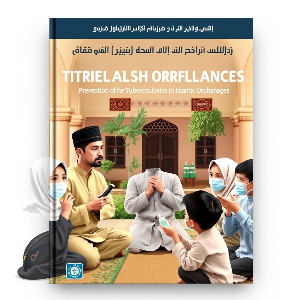 A book cover design focused on the prevention of tuberculosis transmission in Islamic orphanages, featuring a thoughtful Ustad alongside his students