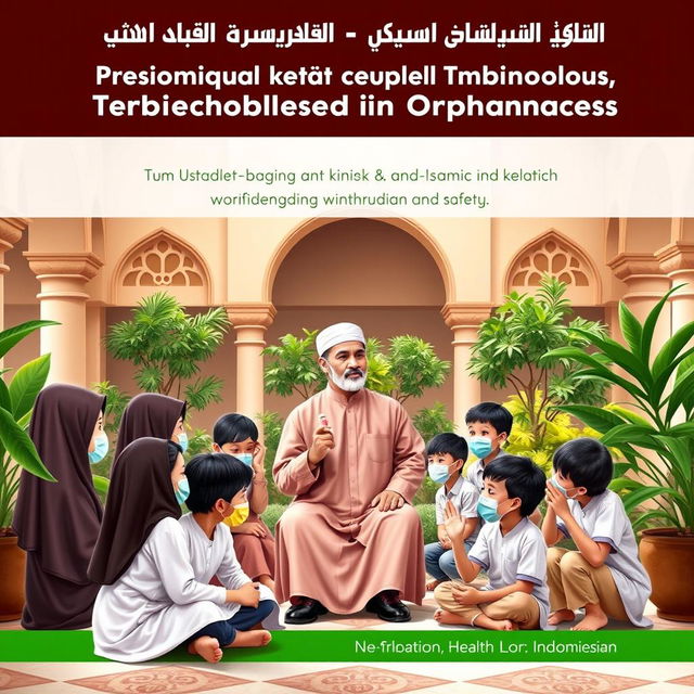 A book cover design focused on the prevention of tuberculosis transmission in Islamic orphanages, featuring a thoughtful Ustad alongside his students