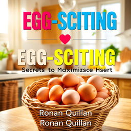 A realistic and vibrant kitchen scene, filled with sunlight, featuring a basket of fresh eggs prominently displayed