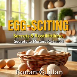 A realistic and vibrant kitchen scene, filled with sunlight, featuring a basket of fresh eggs prominently displayed
