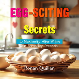 A realistic and vibrant kitchen scene, filled with sunlight, featuring a basket of fresh eggs prominently displayed