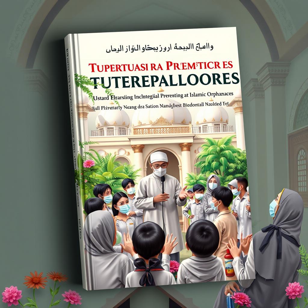 A book cover design focused on the prevention of Tuberculosis transmission in Islamic orphanages, featuring an Ustad surrounded by his students