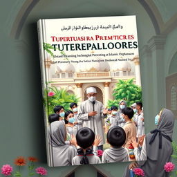 A book cover design focused on the prevention of Tuberculosis transmission in Islamic orphanages, featuring an Ustad surrounded by his students