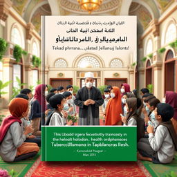 A book cover design focused on the prevention of Tuberculosis transmission in Islamic orphanages, featuring an Ustad surrounded by his students