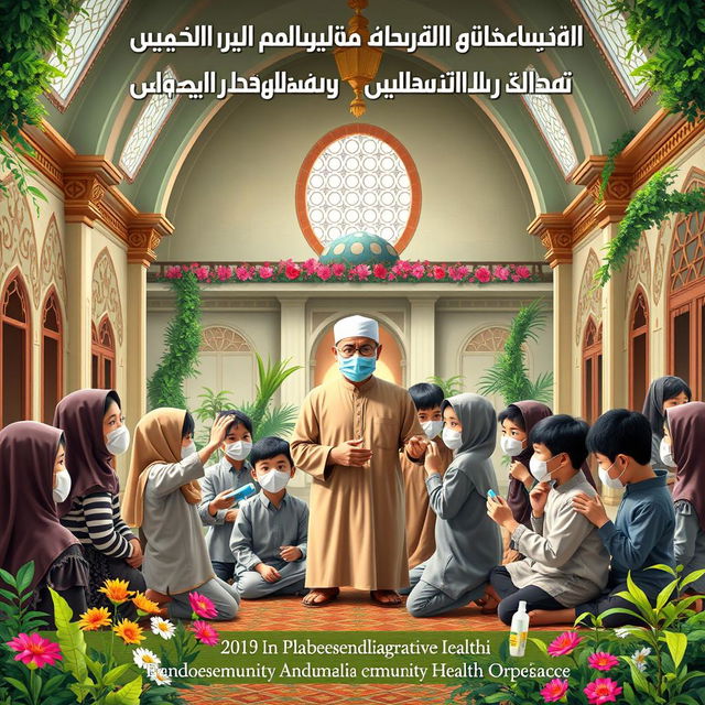 A book cover design focused on the prevention of Tuberculosis transmission in Islamic orphanages, featuring an Ustad surrounded by his students