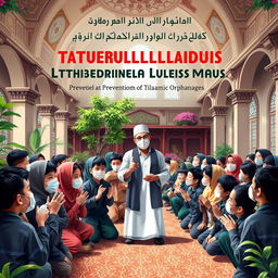 A book cover design focused on the prevention of Tuberculosis transmission in Islamic orphanages, featuring an Ustad surrounded by his students