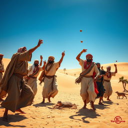 A dynamic scene depicting a diverse group of ancient Arab people, dressed in traditional attire, throwing stones in an open desert landscape