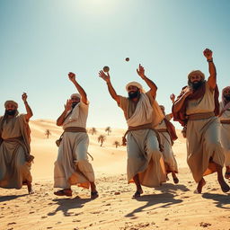 A dynamic scene depicting a diverse group of ancient Arab people, dressed in traditional attire, throwing stones in an open desert landscape