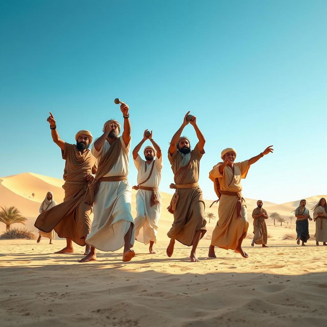 A dynamic scene depicting a diverse group of ancient Arab people, dressed in traditional attire, throwing stones in an open desert landscape