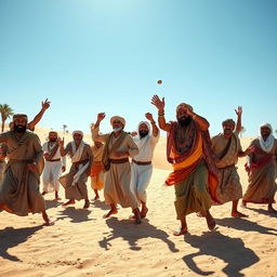 A dynamic scene depicting a diverse group of ancient Arab people, dressed in traditional attire, throwing stones in an open desert landscape