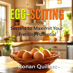 A realistic, sunny, vibrant kitchen filled with warm light, featuring a freshly prepared scene with eggs placed in a rustic basket