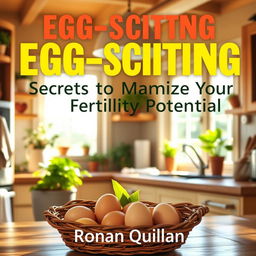 A realistic, sunny, vibrant kitchen filled with warm light, featuring a freshly prepared scene with eggs placed in a rustic basket