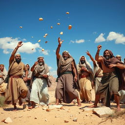 A dramatic scene depicting a group of ancient Arab people expressing anger while throwing stones