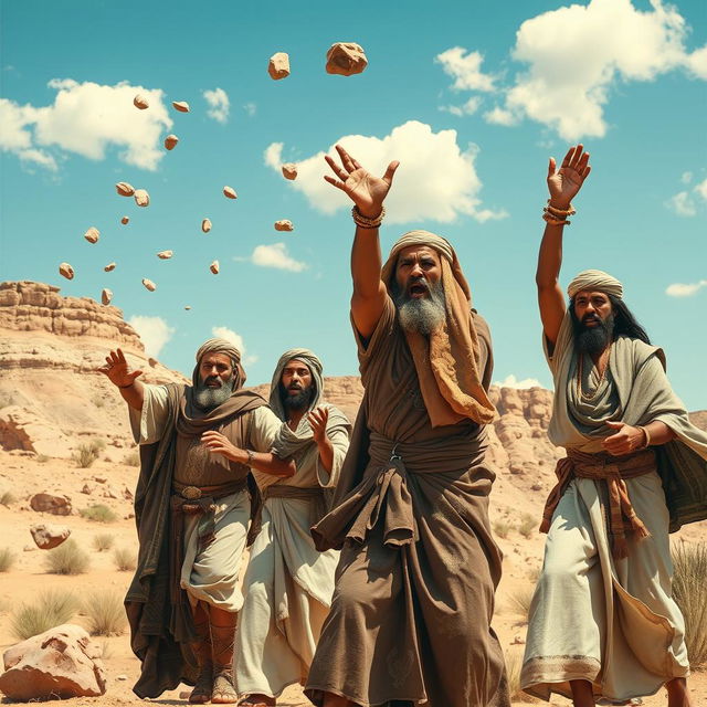 A dramatic scene depicting a group of ancient Arab people expressing anger while throwing stones