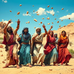 A dramatic scene depicting a group of ancient Arab people expressing anger while throwing stones