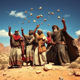 A dramatic scene depicting a group of ancient Arab people expressing anger while throwing stones