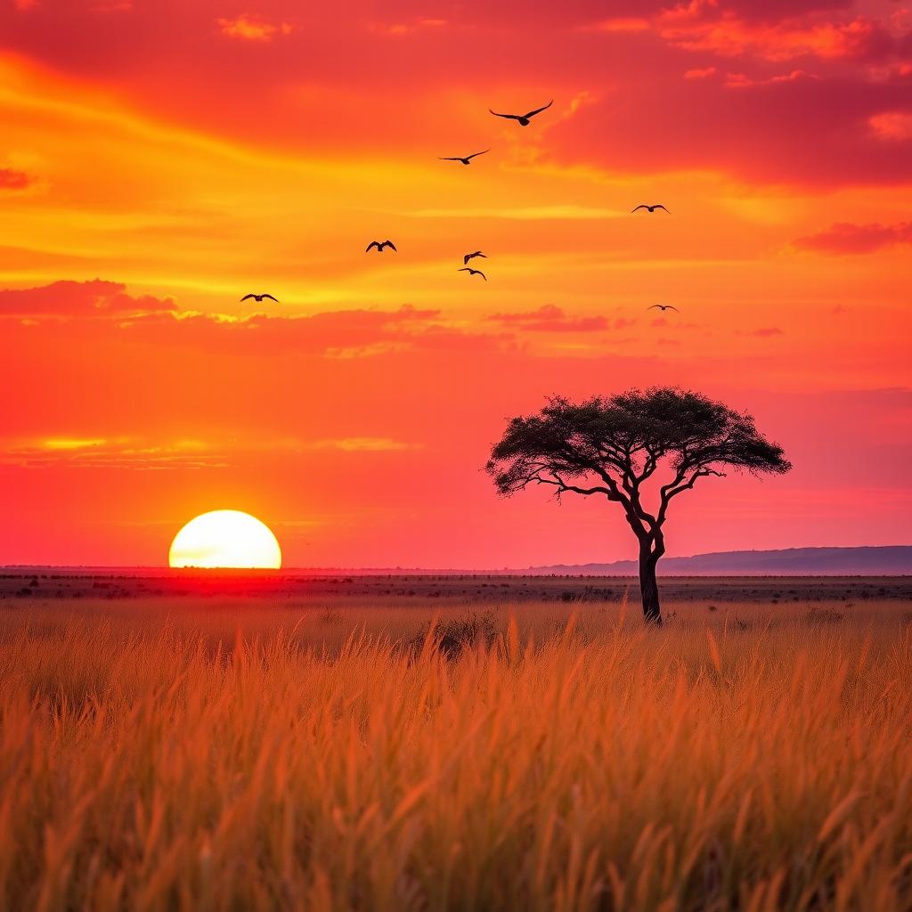 A vibrant savanna landscape at sunset, with a fiery orange and pink sky, tall golden grass swaying gently in the breeze, and a lone acacia tree silhouette against the backdrop