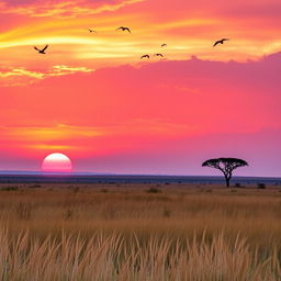 A vibrant savanna landscape at sunset, with a fiery orange and pink sky, tall golden grass swaying gently in the breeze, and a lone acacia tree silhouette against the backdrop