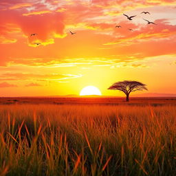 A vibrant savanna landscape at sunset, with a fiery orange and pink sky, tall golden grass swaying gently in the breeze, and a lone acacia tree silhouette against the backdrop