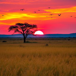 A vibrant savanna landscape at sunset, with a fiery orange and pink sky, tall golden grass swaying gently in the breeze, and a lone acacia tree silhouette against the backdrop