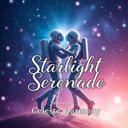 A romantic book cover design for 'Starlight Serenade' by Celeste Harmony, depicting two astronauts gracefully dancing among a backdrop of twinkling stars and softly glowing galaxies