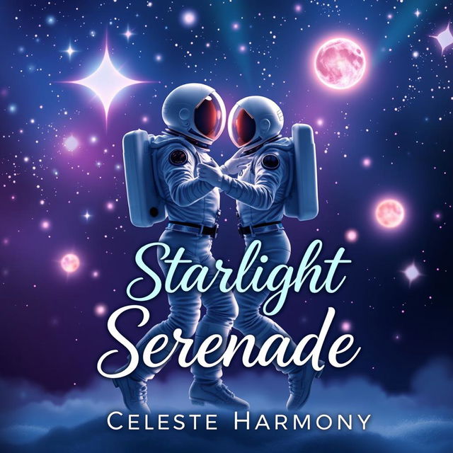 A romantic book cover design for 'Starlight Serenade' by Celeste Harmony, depicting two astronauts gracefully dancing among a backdrop of twinkling stars and softly glowing galaxies