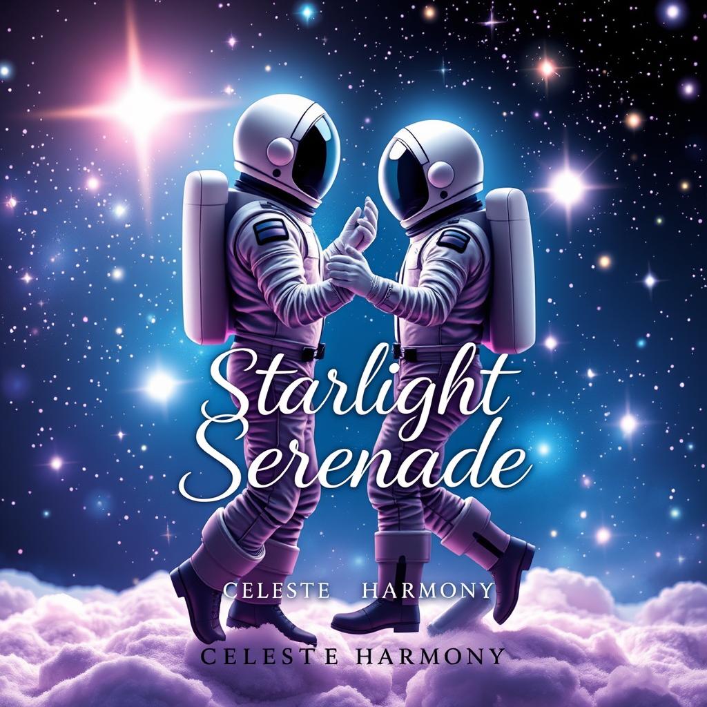 A romantic book cover design for 'Starlight Serenade' by Celeste Harmony, depicting two astronauts gracefully dancing among a backdrop of twinkling stars and softly glowing galaxies