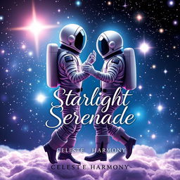 A romantic book cover design for 'Starlight Serenade' by Celeste Harmony, depicting two astronauts gracefully dancing among a backdrop of twinkling stars and softly glowing galaxies