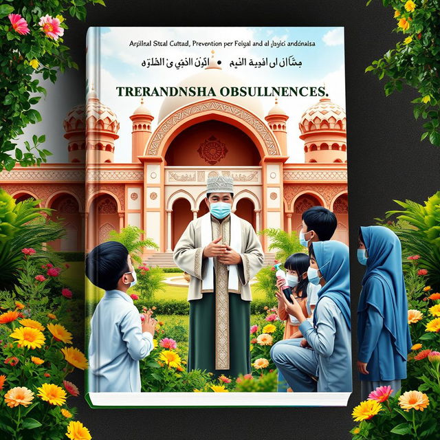 A book cover design focusing on the prevention of tuberculosis transmission in Islamic orphanages, depicting a wise Ustad and his attentive students