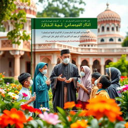 A book cover design focusing on the prevention of tuberculosis transmission in Islamic orphanages, depicting a wise Ustad and his attentive students