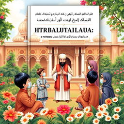 A book cover design focusing on the prevention of tuberculosis transmission in Islamic orphanages, depicting a wise Ustad and his attentive students