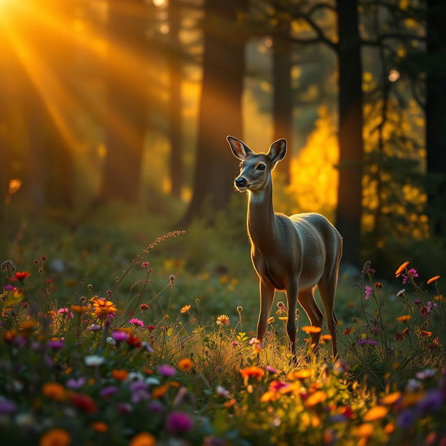 A captivating, lush forest scene during golden hour, showcasing a beautiful deer standing gracefully amidst vibrant wildflowers