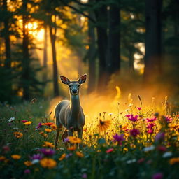 A captivating, lush forest scene during golden hour, showcasing a beautiful deer standing gracefully amidst vibrant wildflowers