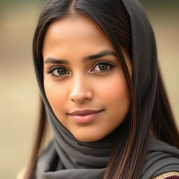 A beautiful Bangladeshi woman with a dusky skin tone, long straight brown hair, and an oval face shape