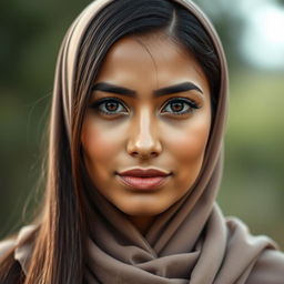 A beautiful Bangladeshi woman with a dusky skin tone, long straight brown hair, and an oval face shape