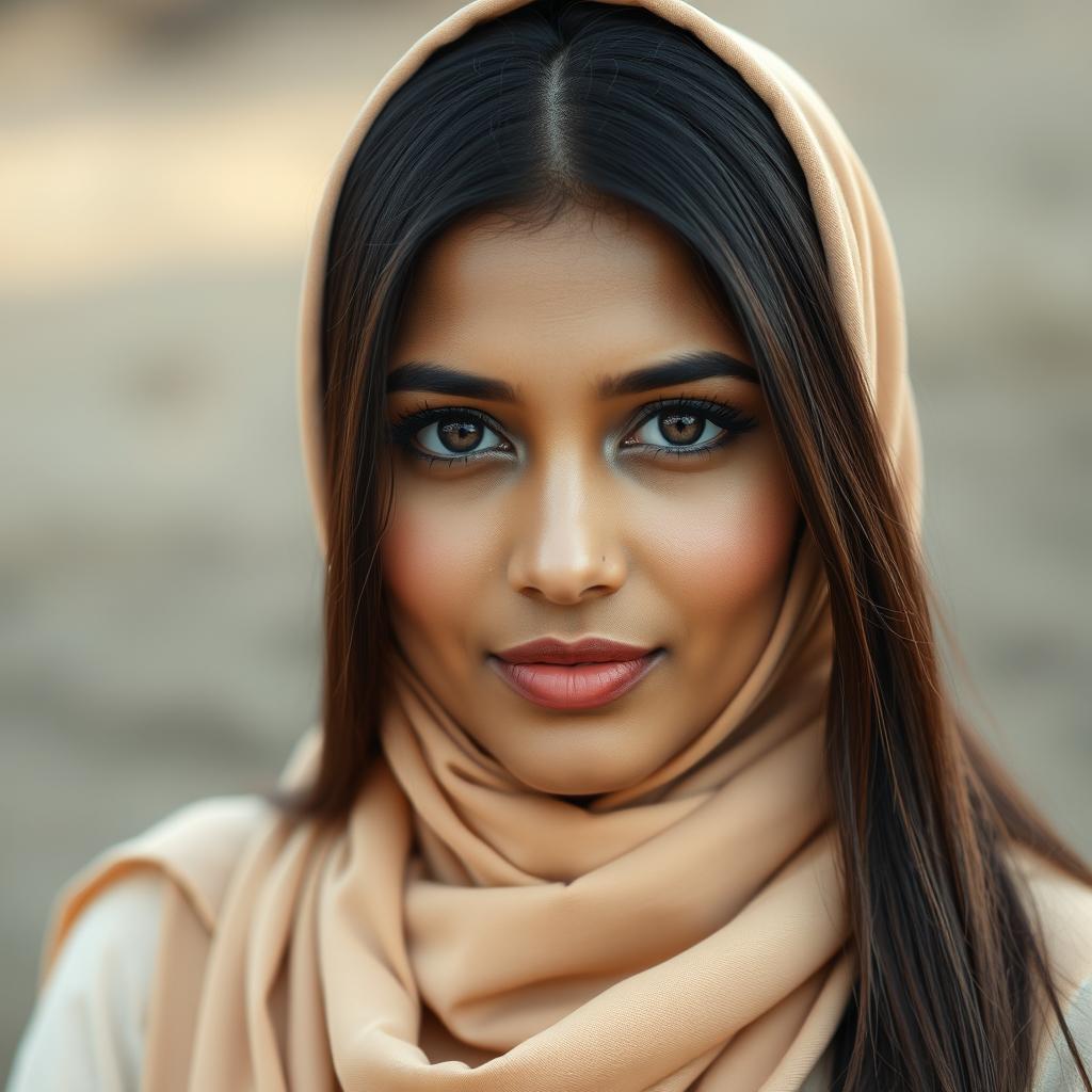 A beautiful Bangladeshi woman with a dusky skin tone, long straight brown hair, and an oval face shape