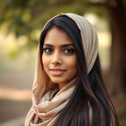A beautiful Bangladeshi woman with a dusky skin tone, long straight brown hair, and an oval face shape