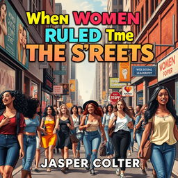 A vibrant and realistic city street scene bustling with life, showcasing women of diverse backgrounds confidently walking, chatting, and engaging in dynamic activities