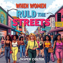 A vibrant and realistic city street scene bustling with life, showcasing women of diverse backgrounds confidently walking, chatting, and engaging in dynamic activities