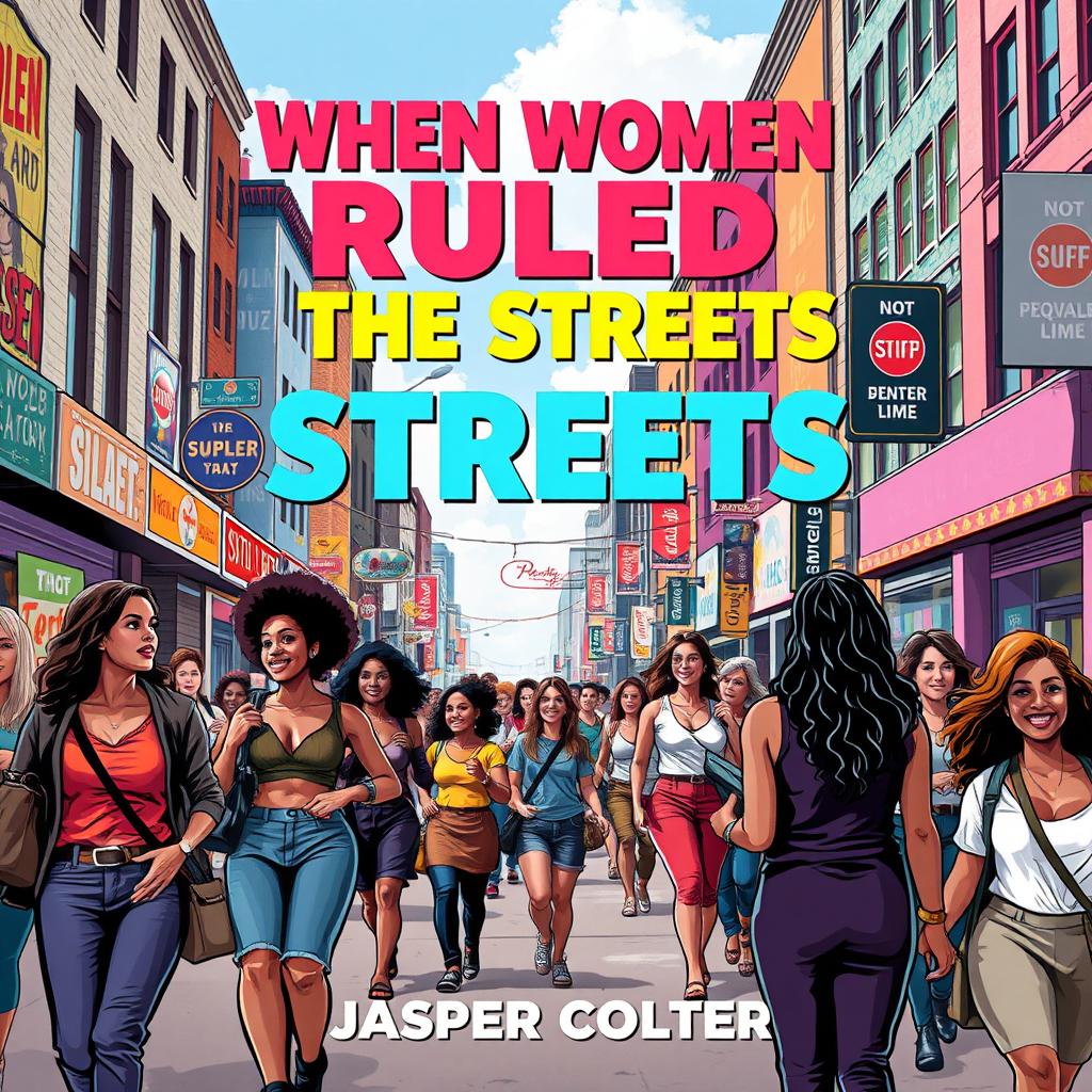 A vibrant and realistic city street scene bustling with life, showcasing women of diverse backgrounds confidently walking, chatting, and engaging in dynamic activities