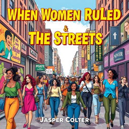 A vibrant and realistic city street scene bustling with life, showcasing women of diverse backgrounds confidently walking, chatting, and engaging in dynamic activities