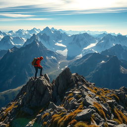 A breathtaking scene of a climber scaling a majestic mountain peak, surrounded by stunning natural scenery