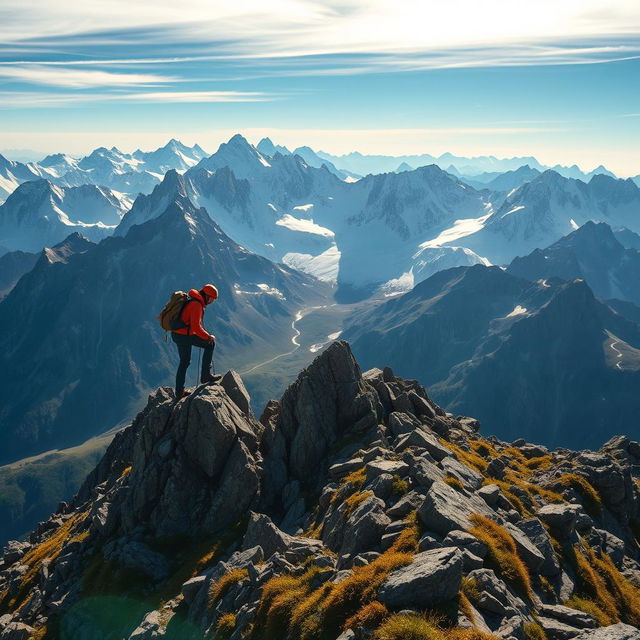 A breathtaking scene of a climber scaling a majestic mountain peak, surrounded by stunning natural scenery