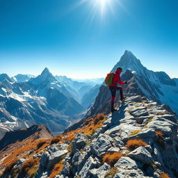 A breathtaking scene of a climber scaling a majestic mountain peak, surrounded by stunning natural scenery
