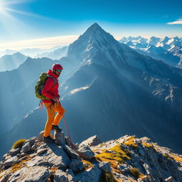 A breathtaking scene of a climber scaling a majestic mountain peak, surrounded by stunning natural scenery
