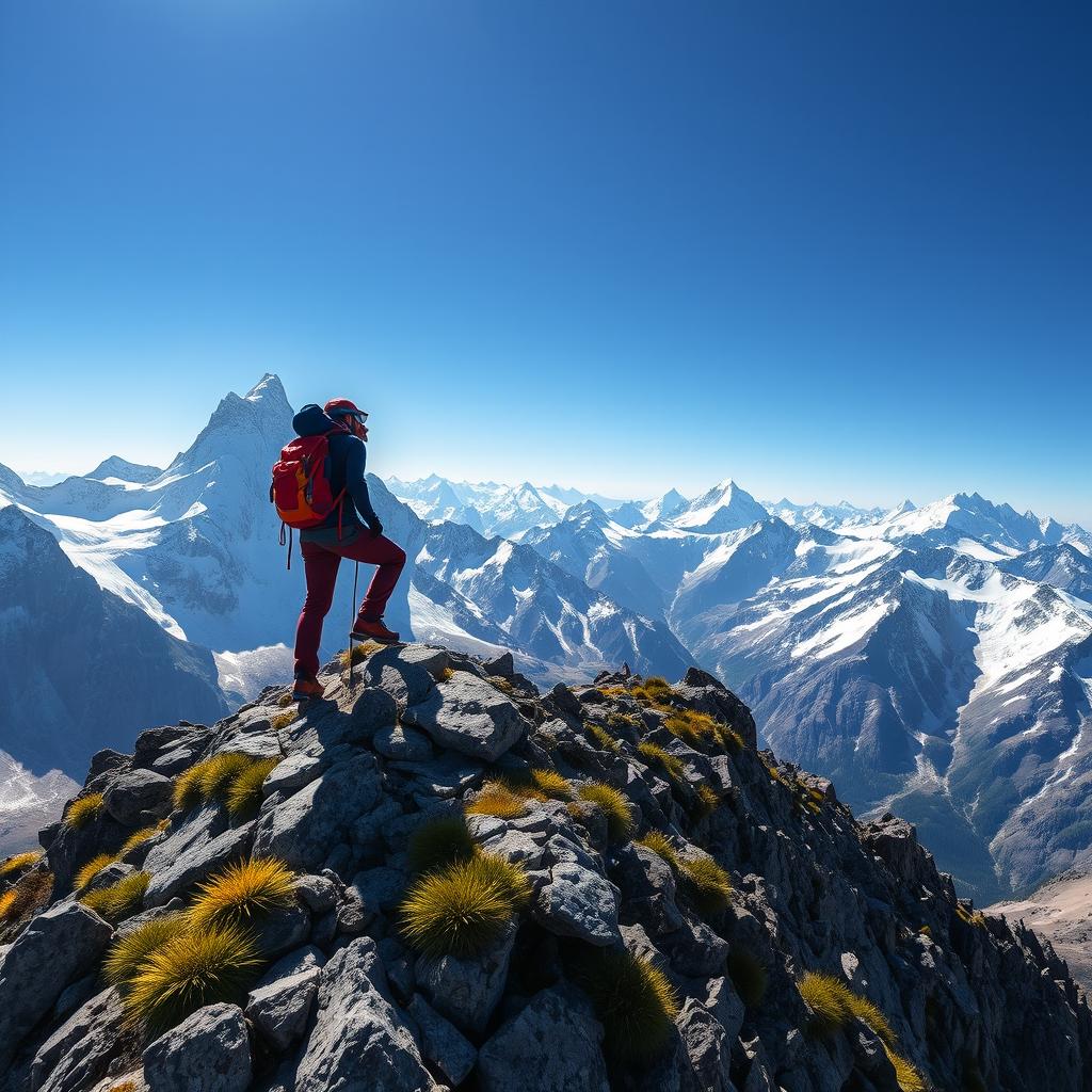 A breathtaking scene of a climber scaling a majestic mountain peak, surrounded by stunning natural scenery