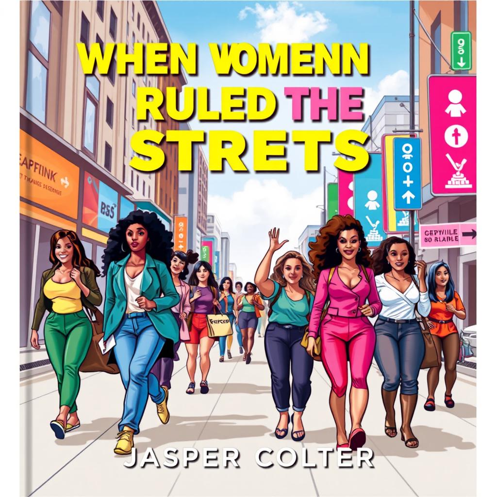 A visually striking cover design titled 'When Women Ruled The Streets', featuring a vibrant, realistic city street scene brimming with life